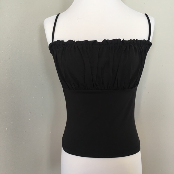 Shirred Bust Ruffle Cami Top Knit Semi-Crop Top - Picture 2 of 8